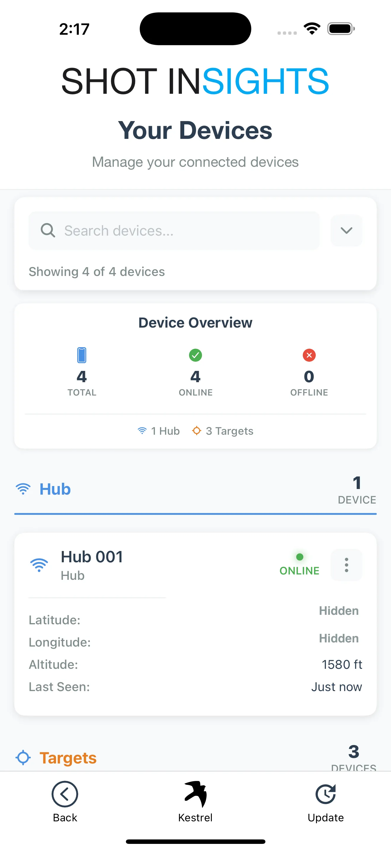 Your Devices screen showing a connected ShotCaller hub