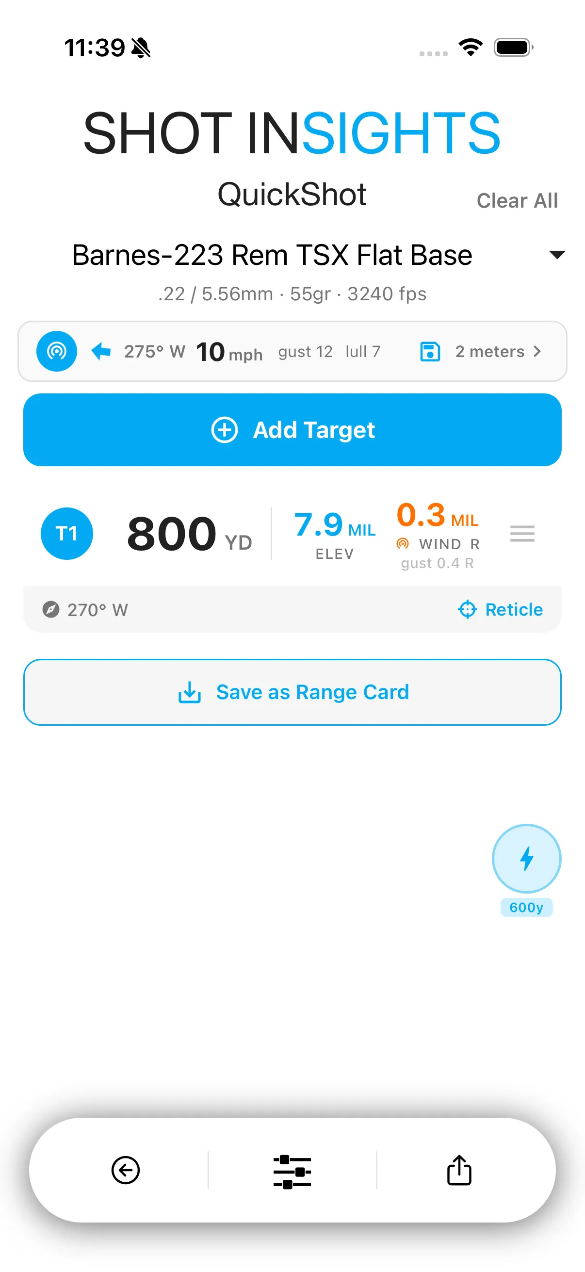 Live Wind strip showing speed, direction, gust/lull, and a meter count, with the target card's wind hold shown as a band